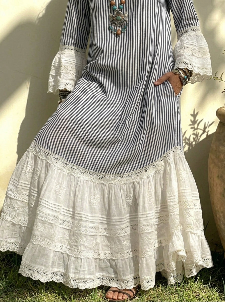 Women's Striped Lace Ruffle Hem Cotton Linen Maxi Dress