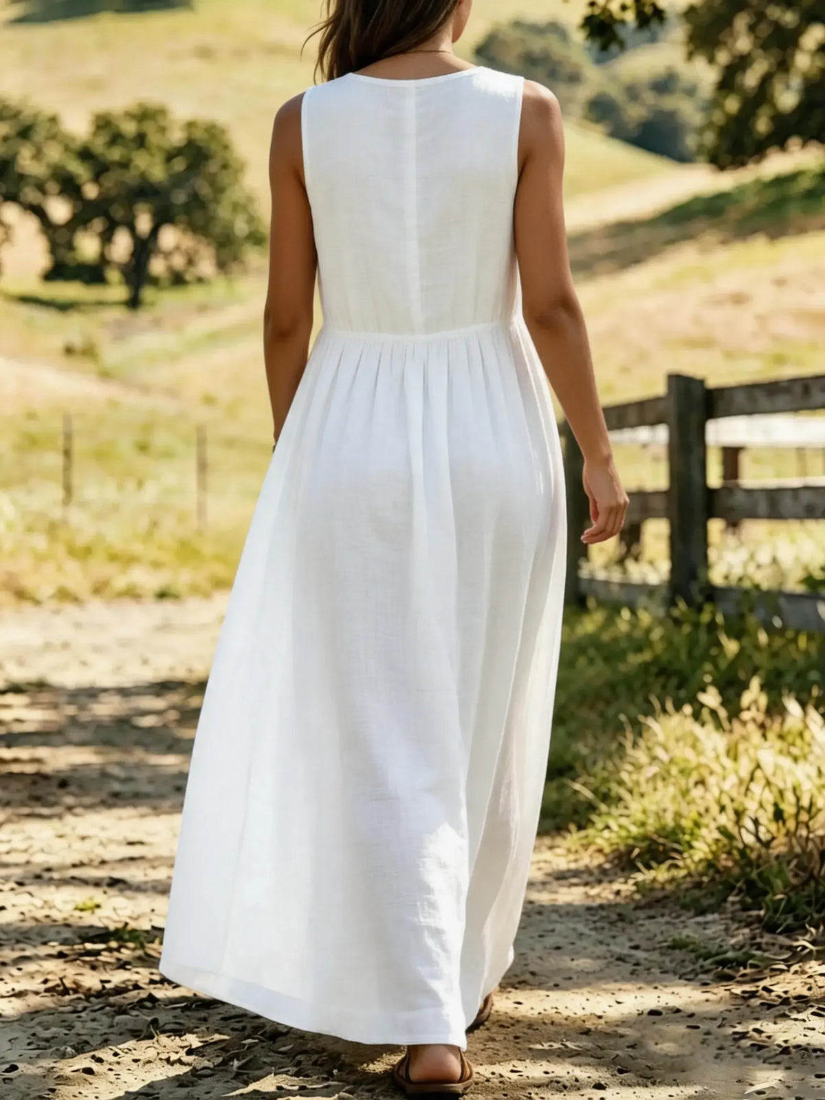 Women's Solid Textured V-Neck Gathered Sleeveless Linen Maxi Dress