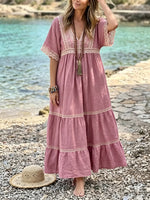Women's Lace Linen-Blend Tiered Maxi Dress