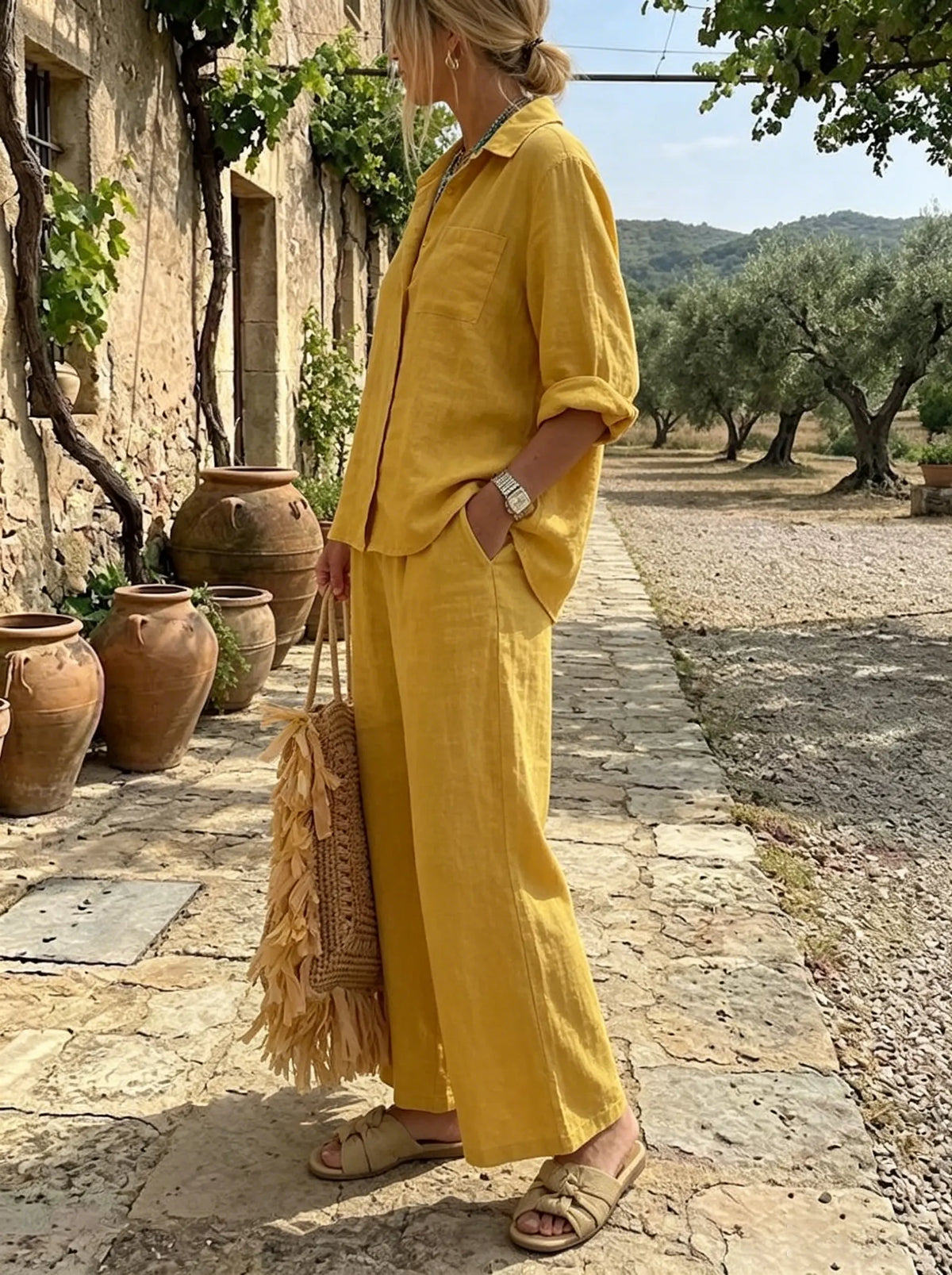 Women's Yellow Button-Down Shirt and Pants Set