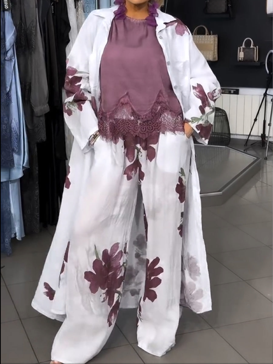 Casual Linen-cotton Floral Print Jacket And Sleeveless Dress Two-piece Set