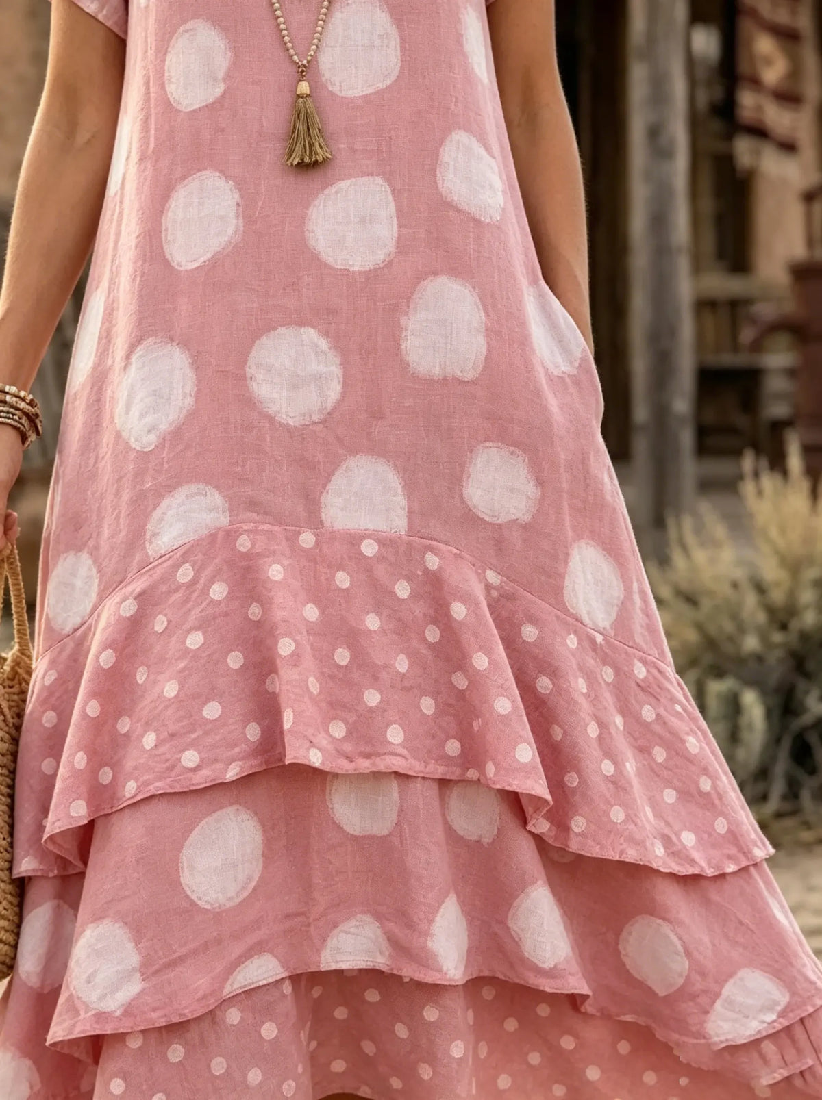 Rustic Polka Dot Tiered Ruffle Maxi Dress
