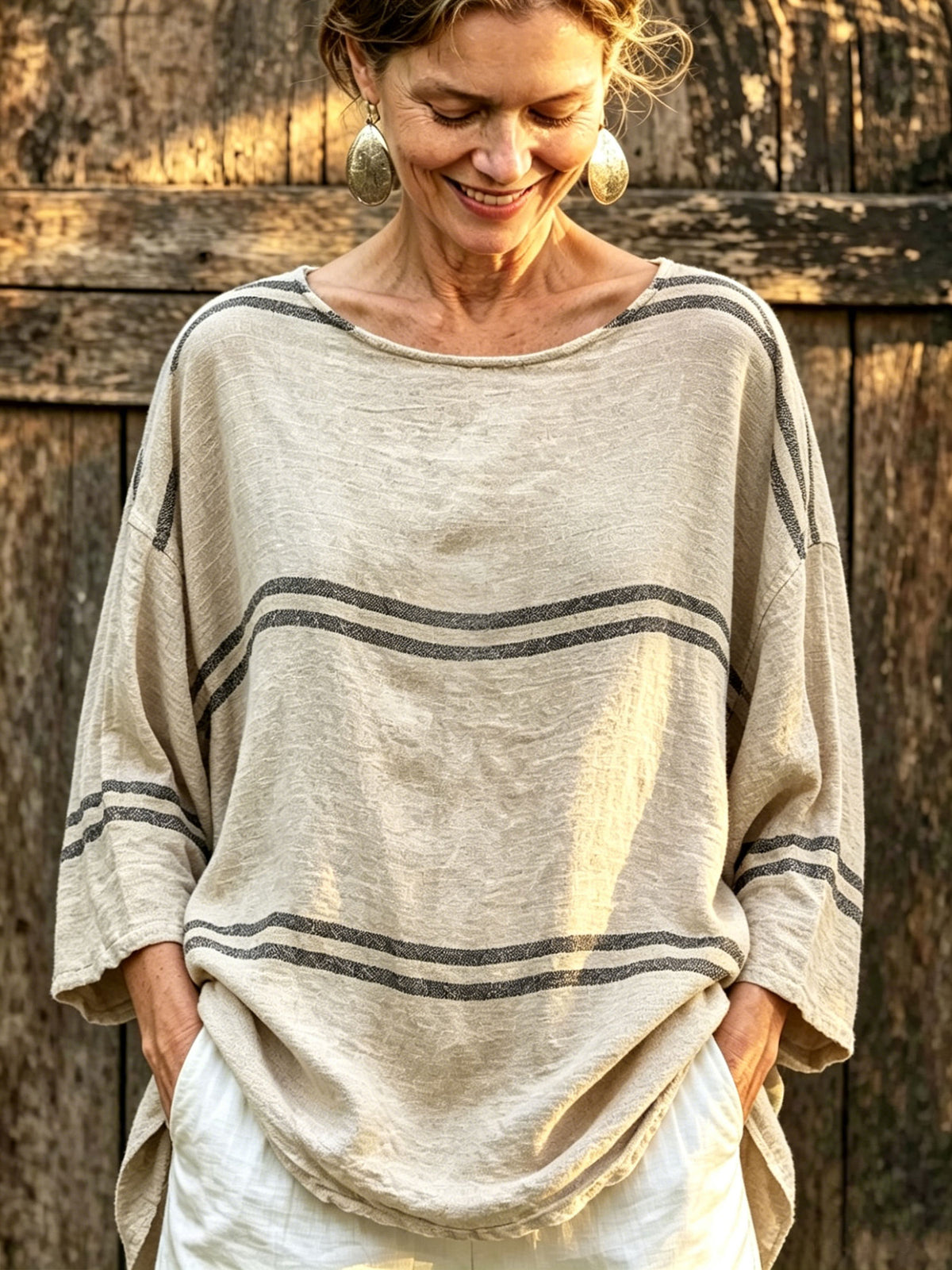 Women’s Striped Linen Boat Neck Blouse, Loose 3/4 Sleeve Casual Oversized Top