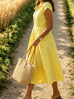 Women’s Casual Vintage Cotton Short Sleeve V Neck Bottom Pocket Dress
