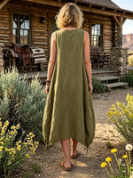 Women's Solid Drawstring Side Pocket Linen Sleeveless Bubble Dress