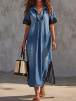 Vintage Art Comfortable Fabrics Hollowed Out Lace Patchwork Denim Dress