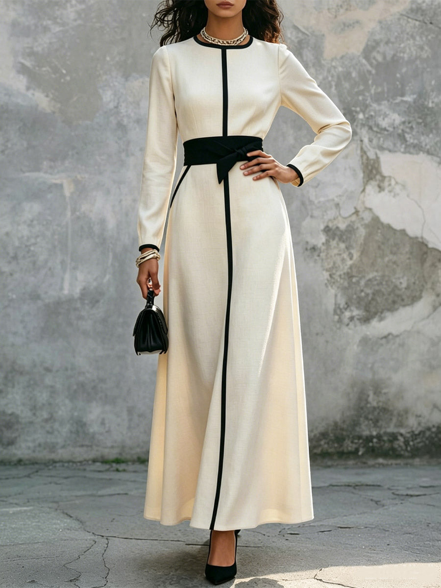 Women's Elegant Contrast Trim Art Casual Stylish Long Sleeve Maxi Dress