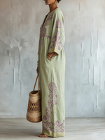 Boho-chic Sage Green Cotton-linen Jumpsuit