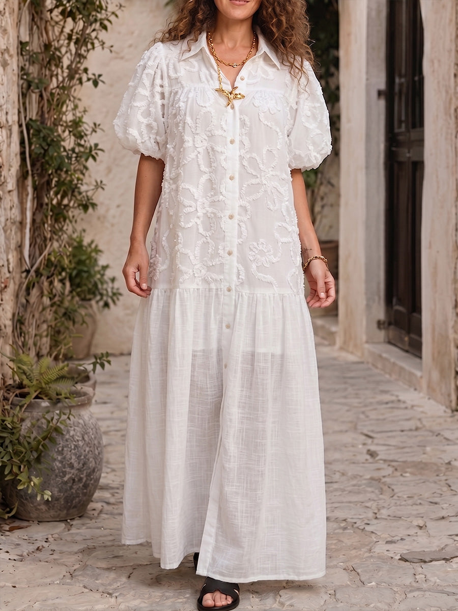 Vintage Art Comfortable Summer Fabrics Embroidered Patchwork Cotton-Linen Blend Dress