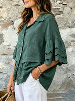 Women Solid Eyelet Ruffle Collar 3/4 Sleeve Linen Blouse