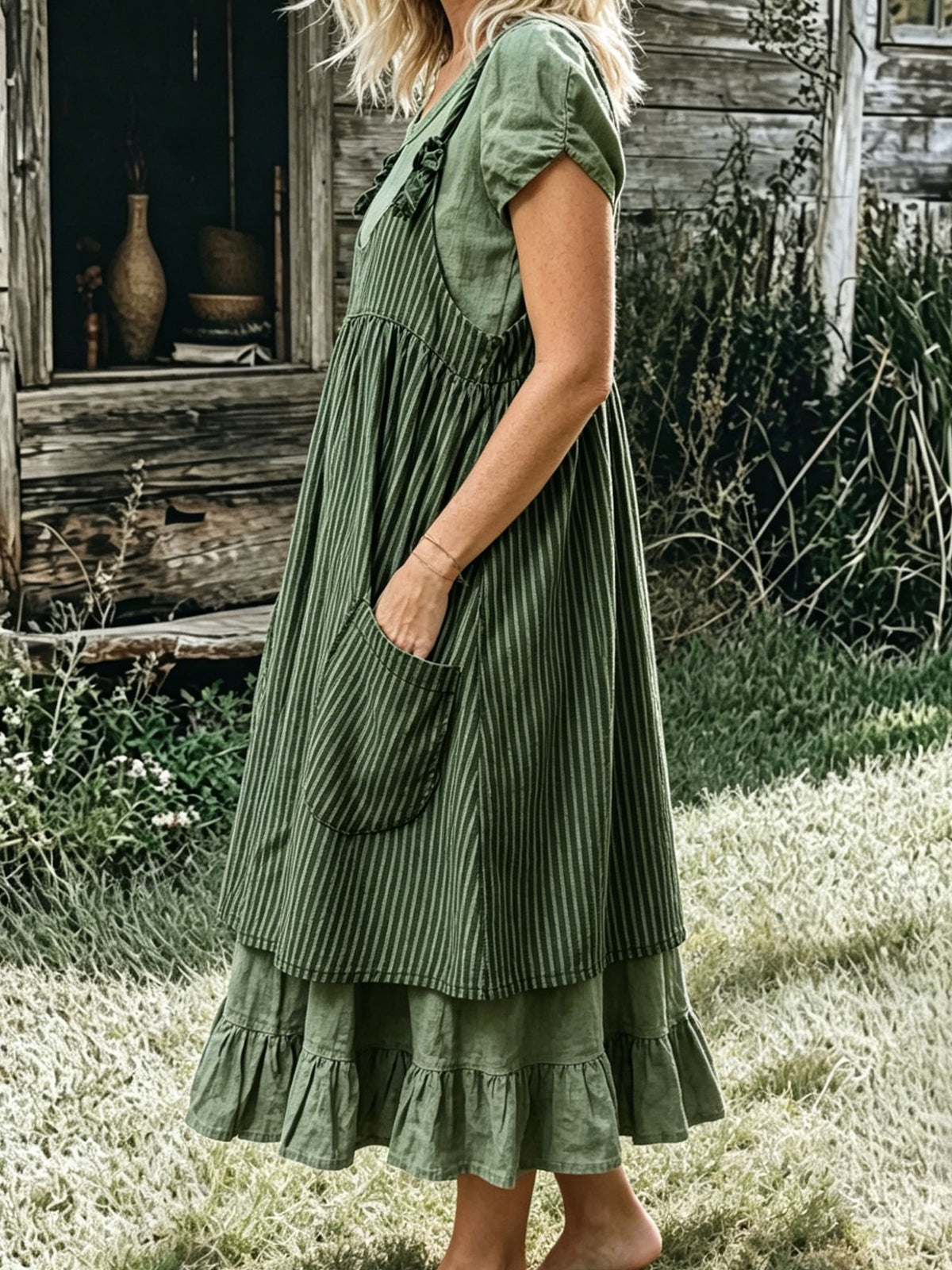 Women’s Casual Cotton Striped Sleeveless Pocket Vest Dress And Round-neck Short-sleeve Maxi Dress