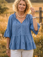 Women's Solid Ruffled Peplum 3/4 Sleeve Cotton Blouse