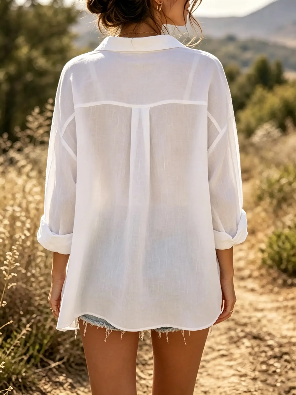 Women's Solid Textured Oversized Collar Long Sleeve Linen Casual Shirt