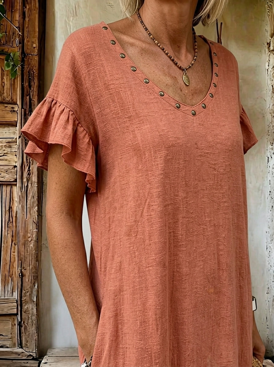 Women's Ruffled Sleeve Rivet V-neck Slit Maxi Casual Dress With Pocket