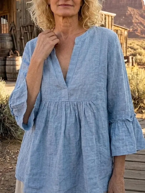 Women's Solid Linen Blend Split Neck Flare 3/4 Sleeve Blouse