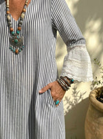 Women's Striped Lace Ruffle Hem Cotton Linen Maxi Dress