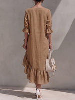Women's Solid-color V-neck 3/4 Sleeve Casual Loose Cotton-linen Dress With Ruffle Details