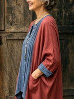 Women’s Two-tone Contrast Linen Kimono Cardigan, Denim Cuff Open Front Loose Cover Up With Pockets