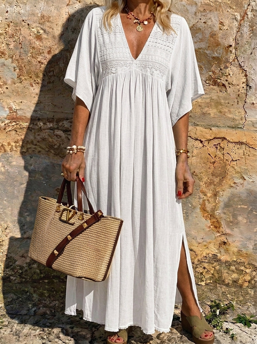Women’s Eyelet Lace V-neck Batwing Sleeve Side Slit Linen Maxi Dress