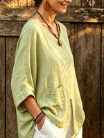 Women’s Split Hem Linen Blouse, Pocket 3/4 Sleeve Loose Casual Top