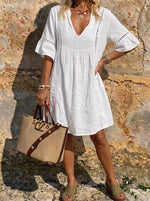 Women’s Eyelet Lace V-Neck Ruffle Short Sleeve Cotton Linen Mini Dress