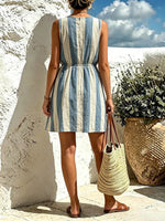 Women's Blue White Vertical Stripe Sleeveless Mini Dress