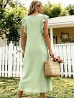 Women's Solid V-Neck Flutter Ruffle Sleeve Loose Linen Midi Dress