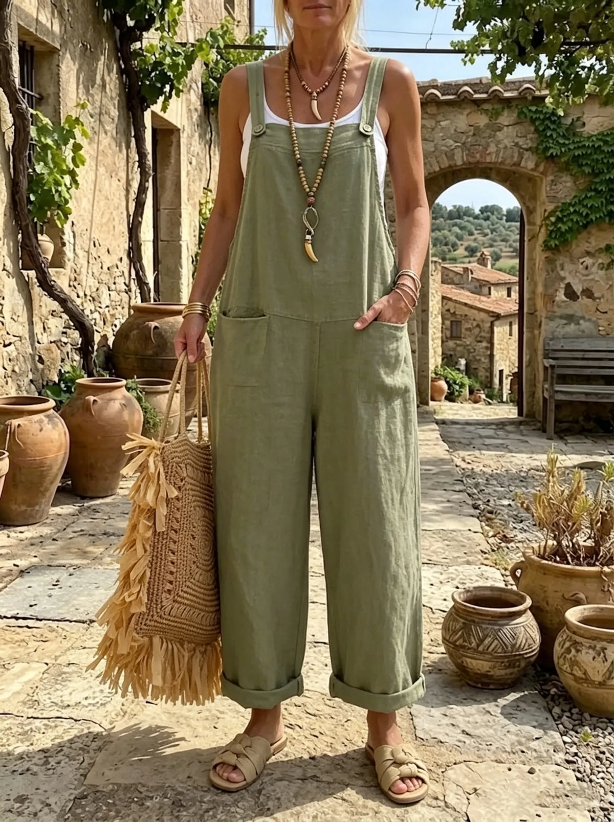 Olive Grove Relaxed Linen Overalls
