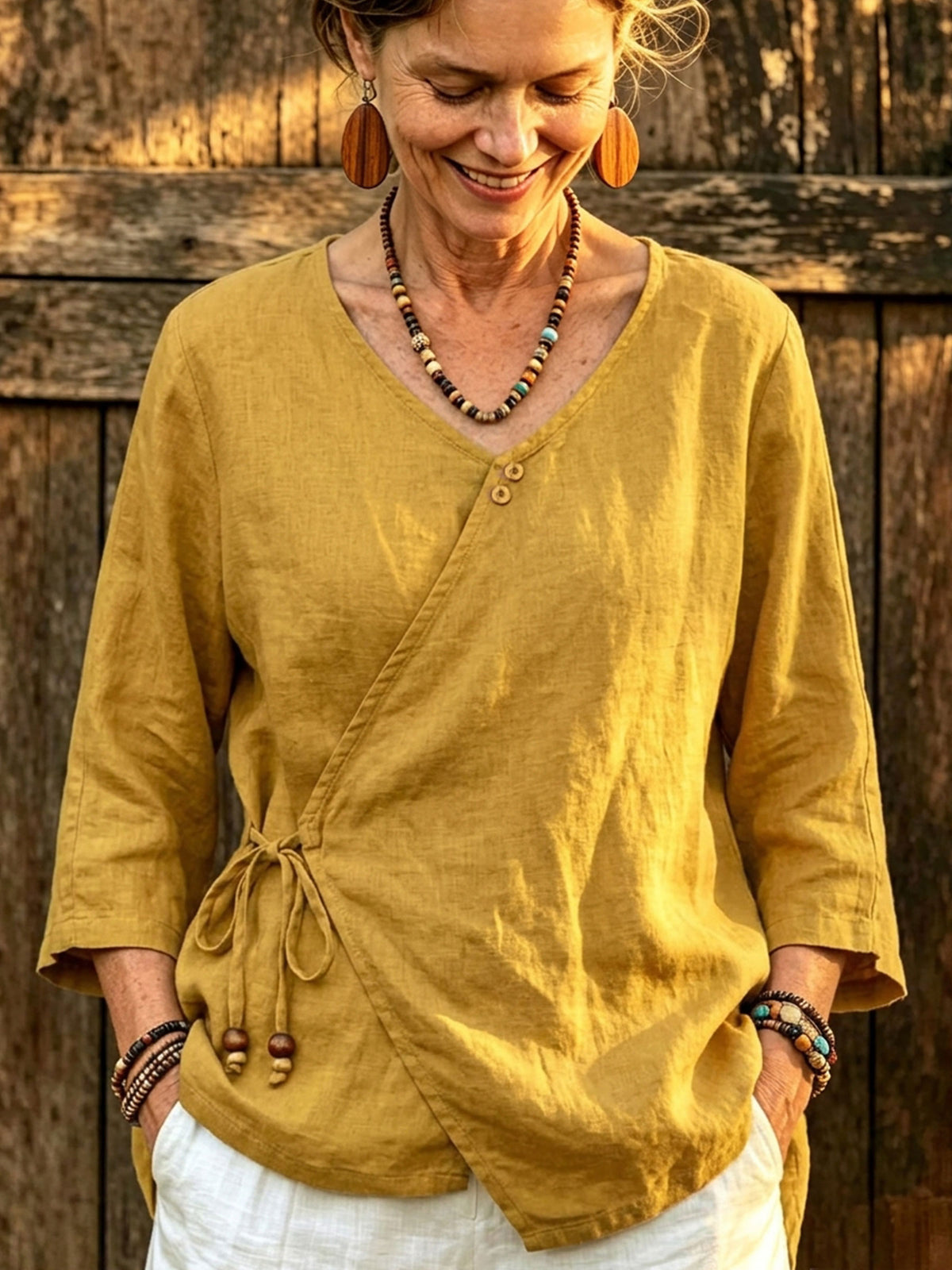 Women’s Mustard Yellow Wrap V Neck Linen Blouse, Side Tie 3/4 Sleeve Casual Shirt