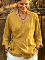 Women’s Mustard Yellow Wrap V Neck Linen Blouse, Side Tie 3/4 Sleeve Casual Shirt