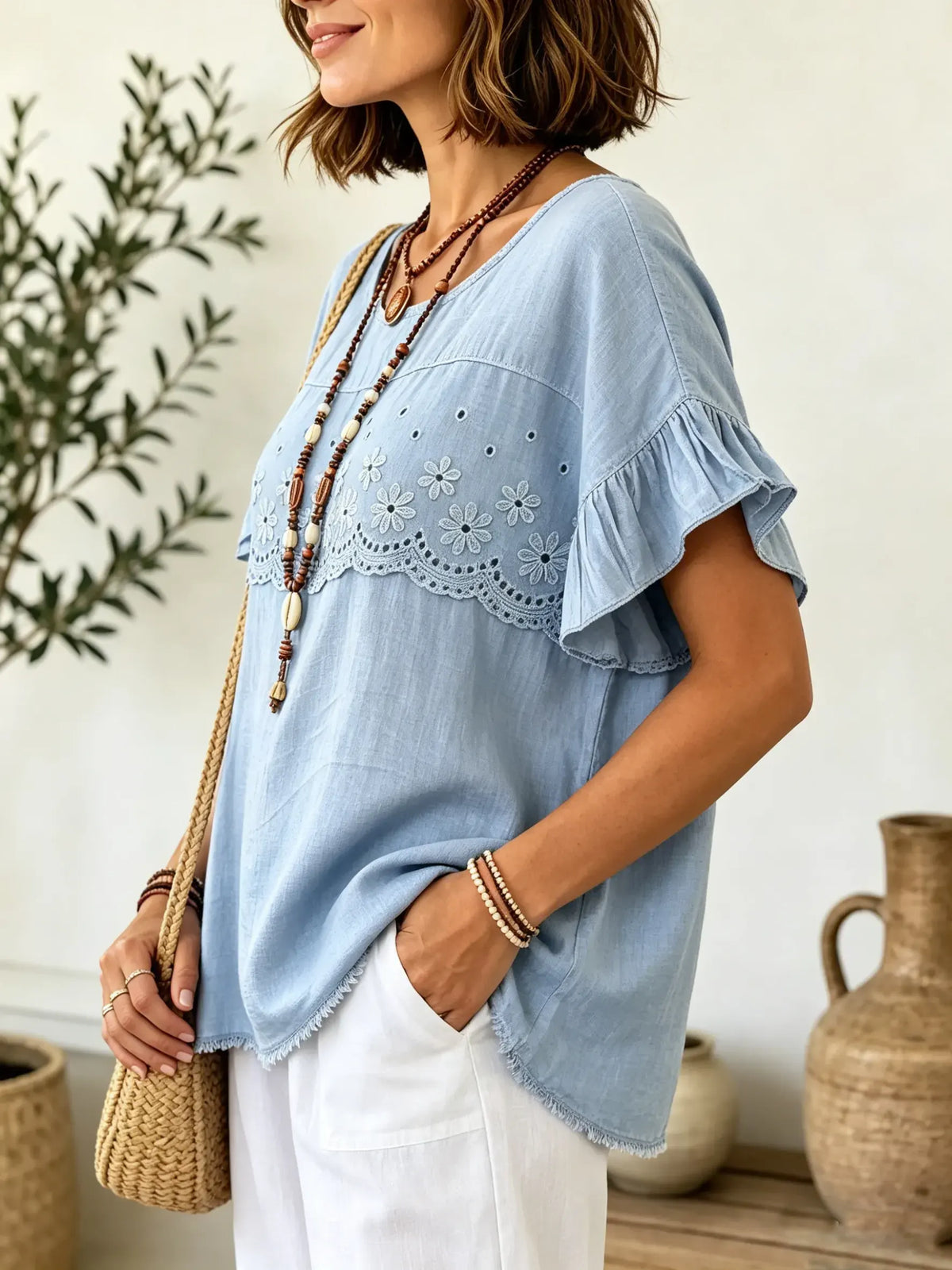Women Daisy Eyelet Embroidery Ruffle Short Sleeve Babydoll Top