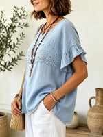 Women Daisy Eyelet Embroidery Ruffle Short Sleeve Babydoll Top