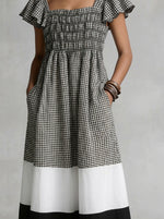 Women’s Gingham Color Block Square Neck Ruffle Sleeve Cotton Linen Midi Dress