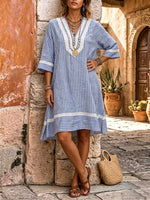 Women's Blue and White Striped Lace Patchwork Dress
