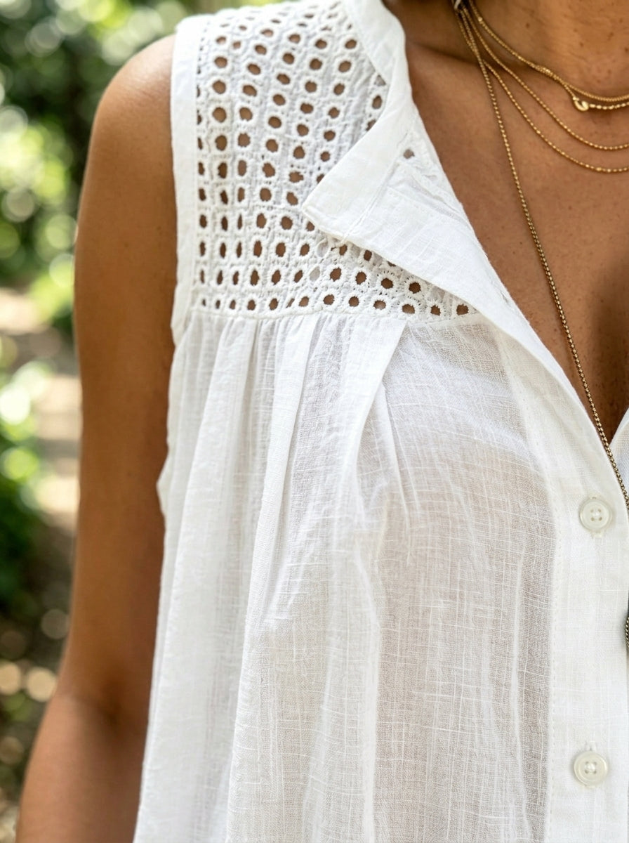 Women’s Eyelet Hollow Collar Sleeveless Cotton Linen Tunic Top
