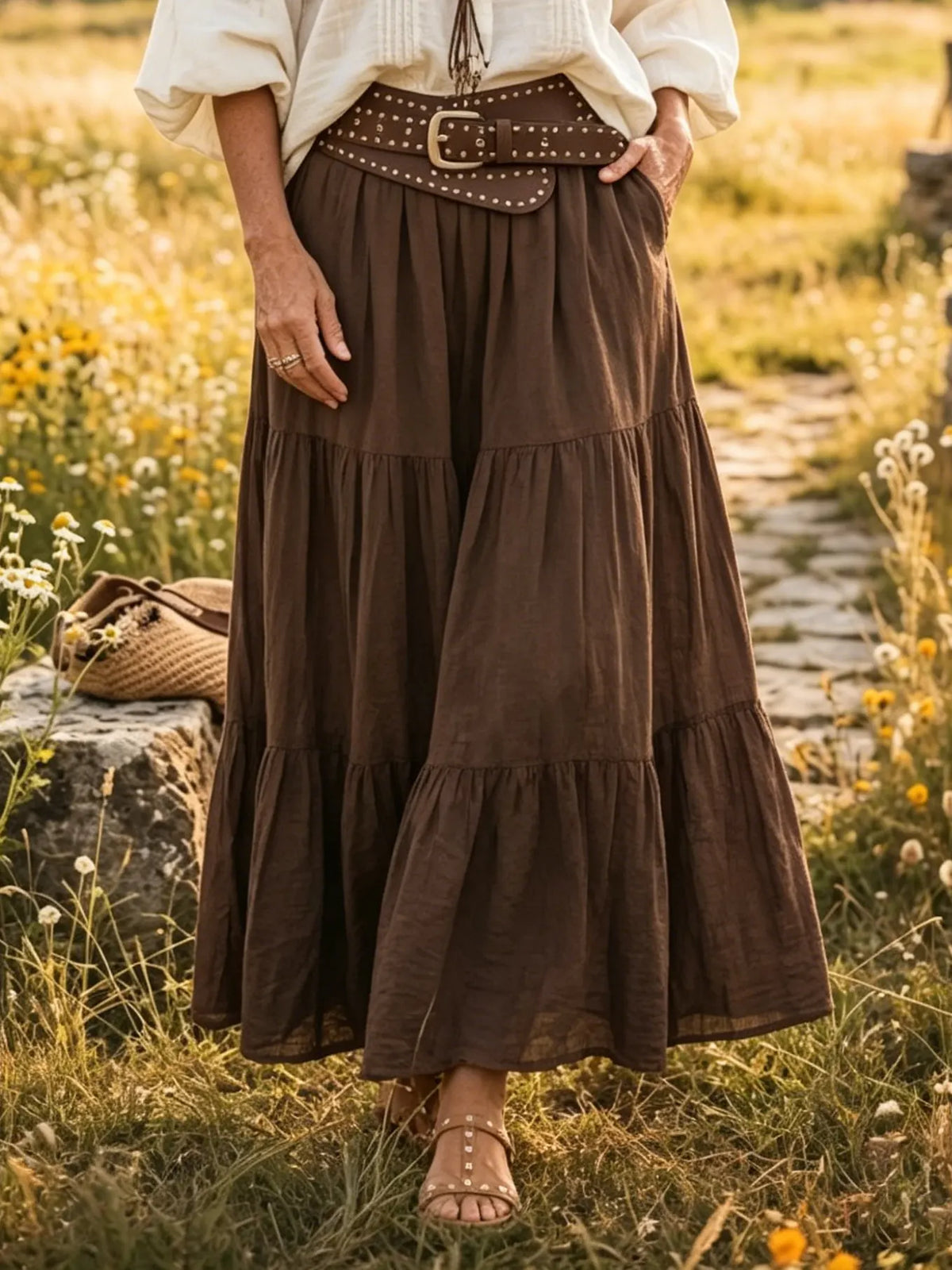 Women's Solid Tiered Ruffled Linen-Blend Maxi Skirt
