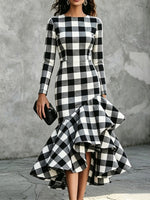 Women's Black White Plaid Ruffled Hem Art Casual Stylish Long Sleeve Dress