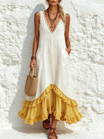 Women Solid Lace V Neck Yellow Ruffle Sleeveless Maxi Dress