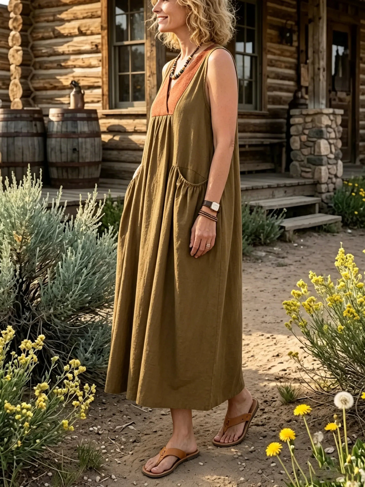 Women's Solid Color Block V Neck Sleeveless Pockets Dress