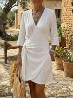Women's White Textured Wrap Dress