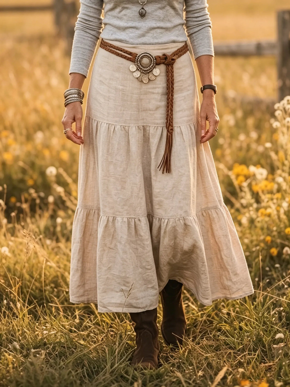 Women's Solid Tiered Linen-Blend Flared Maxi Skirt