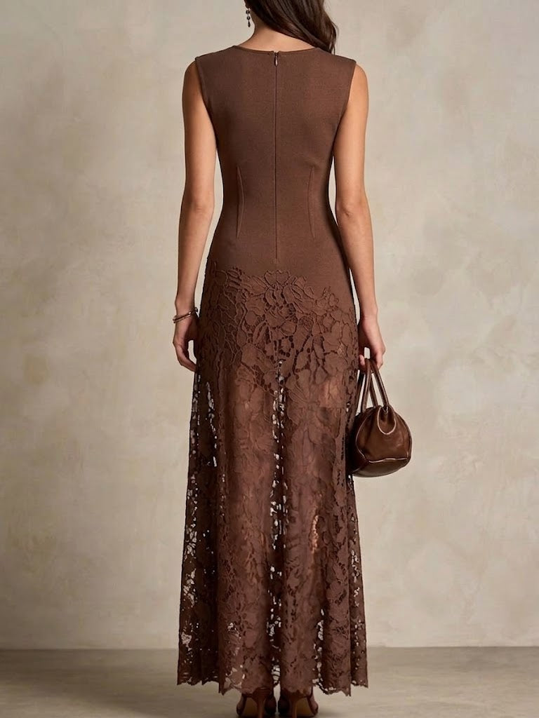 Elegant Sleeveless Slim-fit Dress With Embroidered Lace Paneling