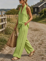 Women's Solid Textured Halter V-Neck Wide Leg Linen 2 Piece Set