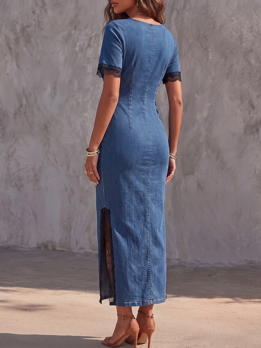 Vintage Art Comfortable Fabrics Hollowed Out Lace Patchwork Denim Dress