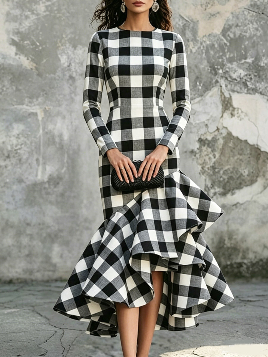 Women's Black White Plaid Ruffled Hem Art Casual Stylish Long Sleeve Dress