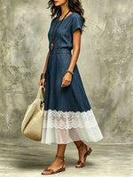 Women's Denim Lace Patchwork Midi Dress