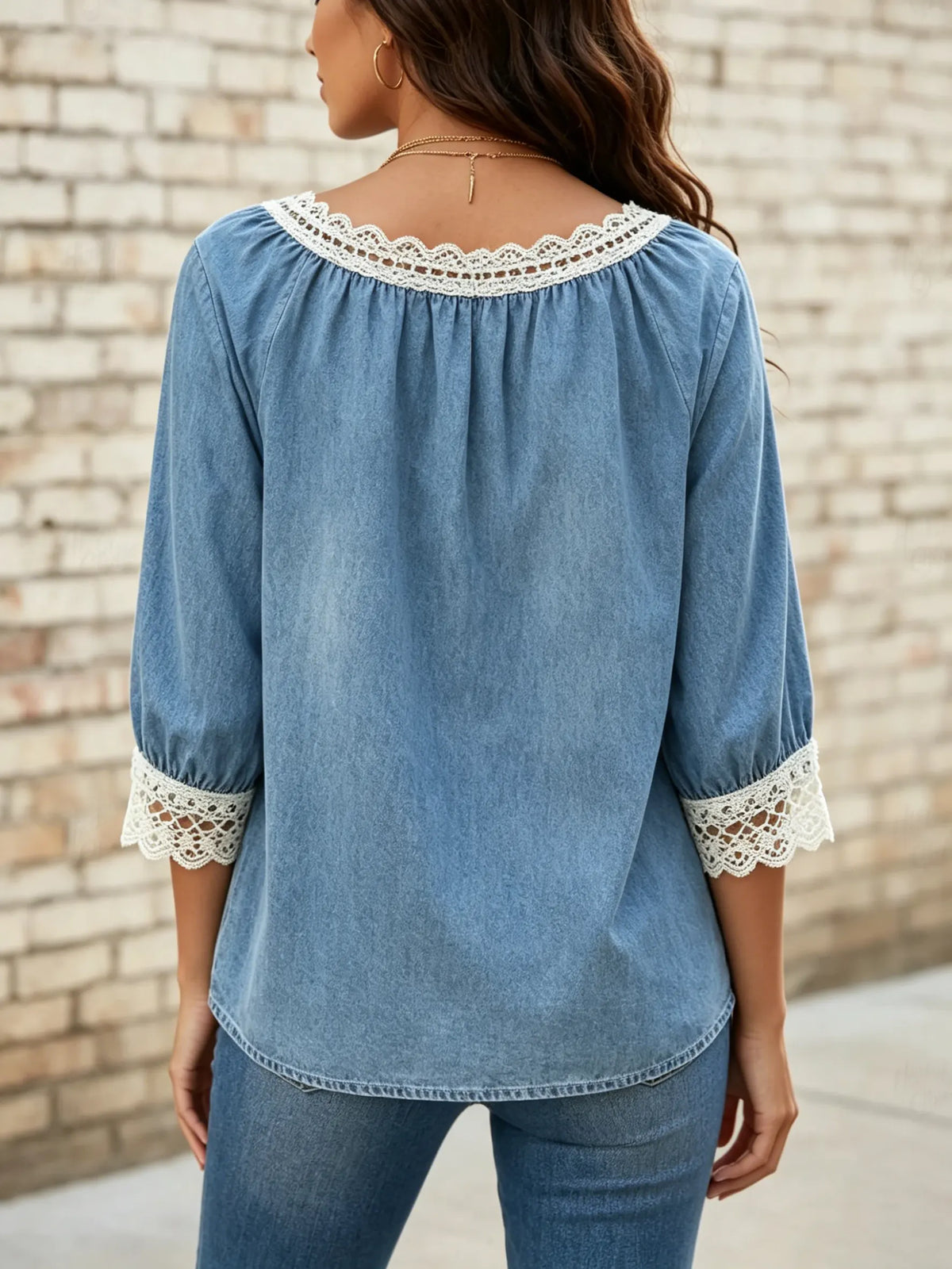 Women's Solid Lace V-Neck 3/4 Sleeve Denim Blouse