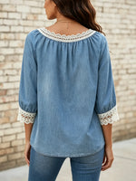 Women's Solid Lace V-Neck 3/4 Sleeve Denim Blouse