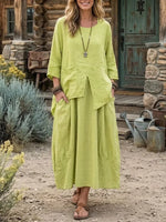 Women's Solid Linen Two Piece Top Skirt Set
