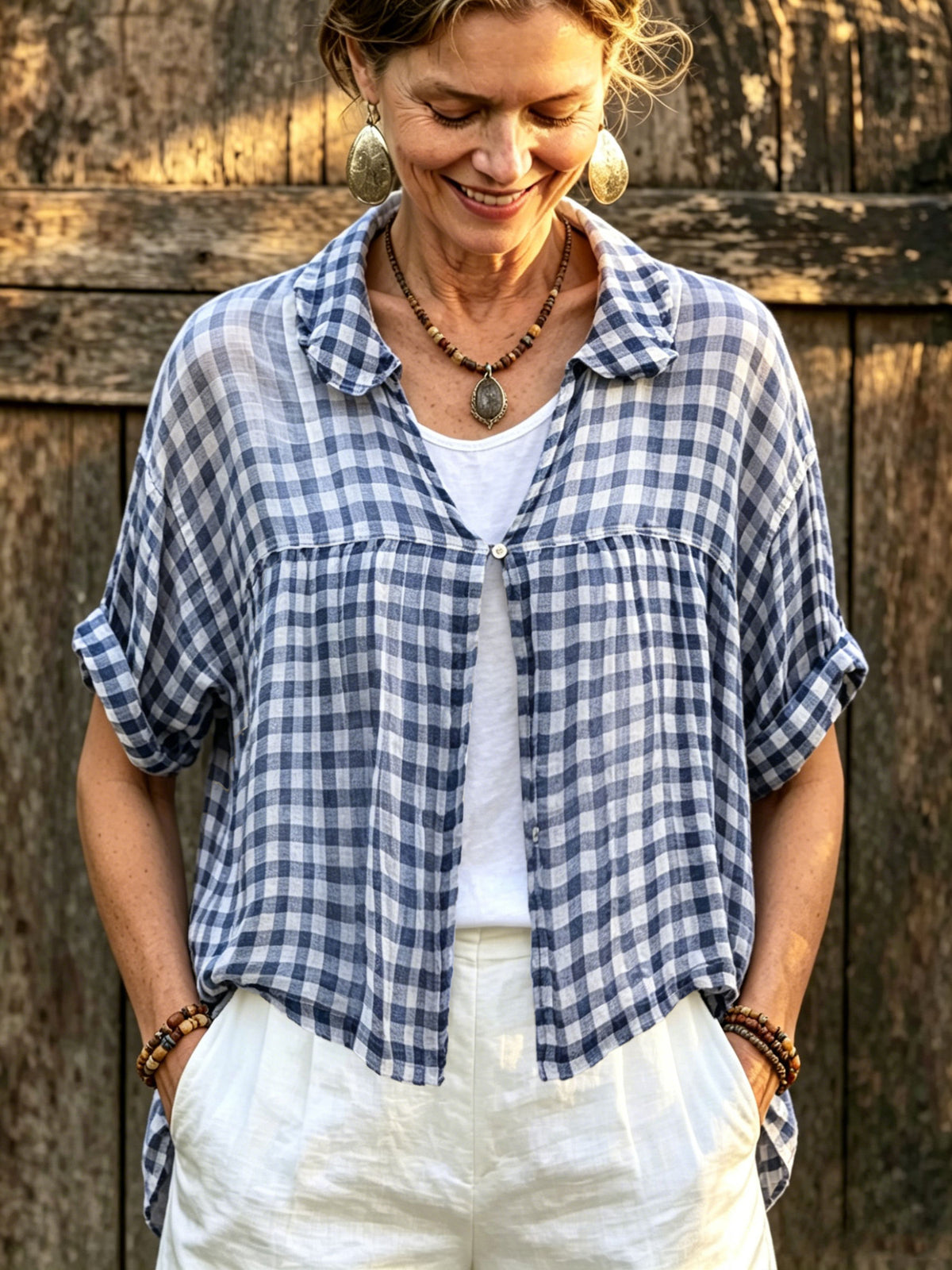 Women’s Blue White Gingham Collared Linen Shirt, Roll Up Short Sleeve Loose Plaid Blouse